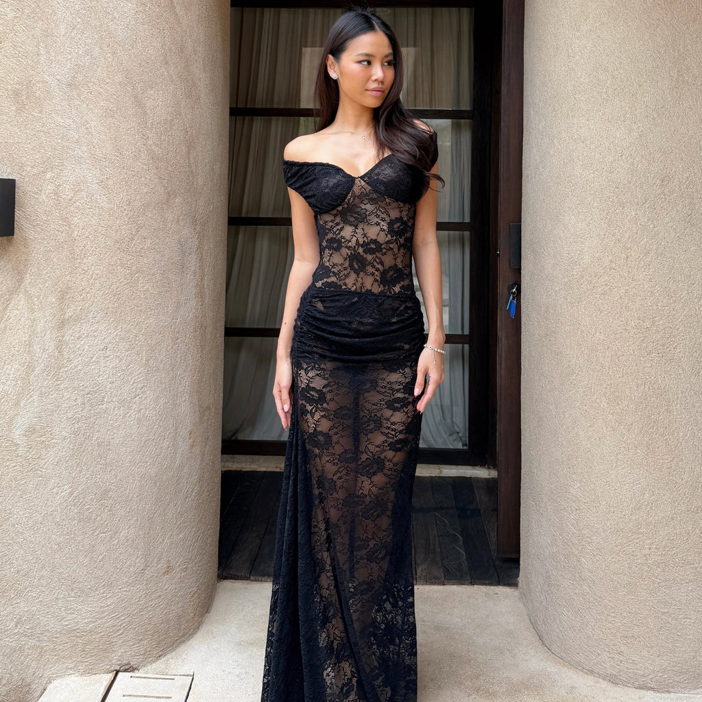 Charlotte Rutched Long Gown in Black
