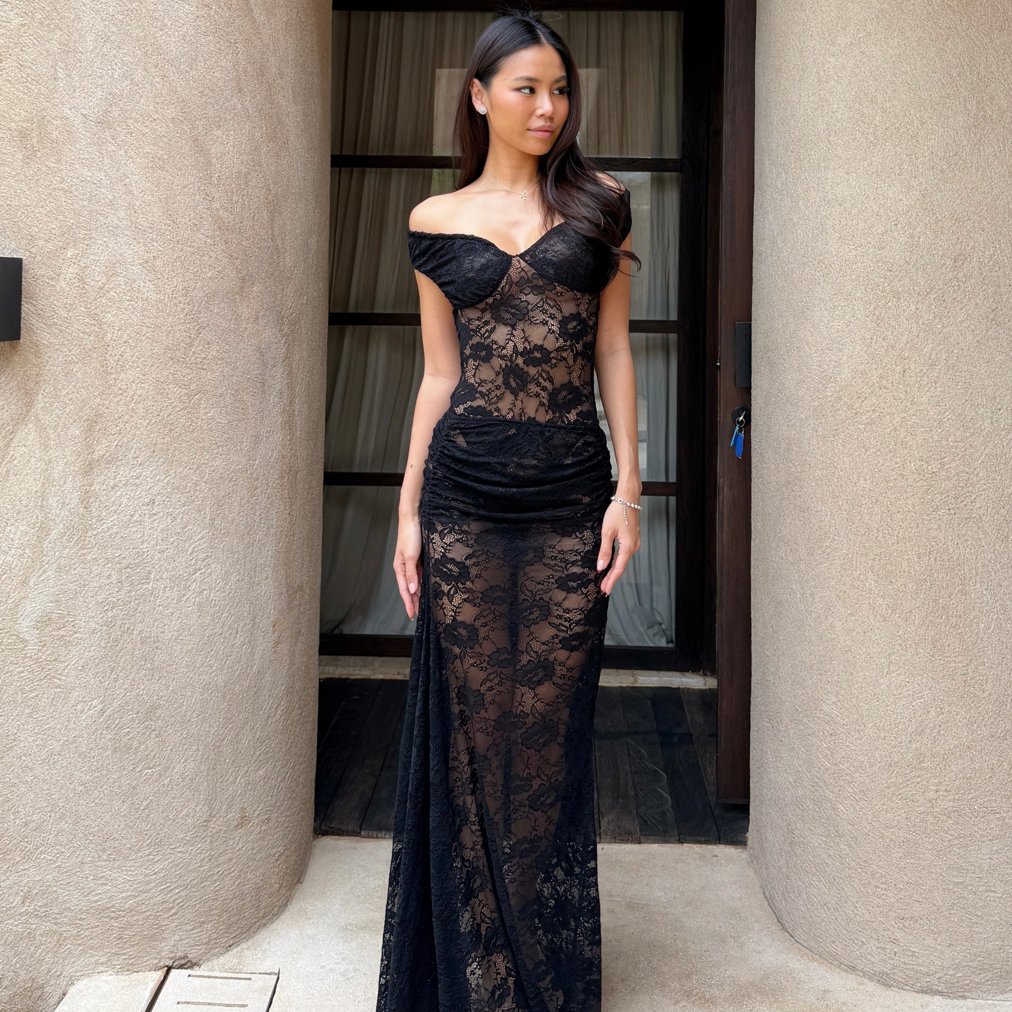Charlotte Rutched Long Gown in Black